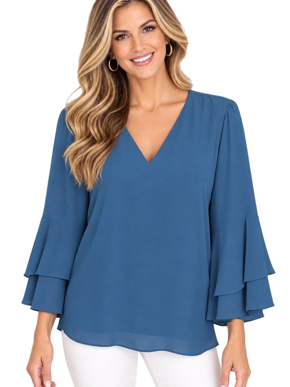 Alfani Blue V-Neck Layered Bell Sleeve Blouse